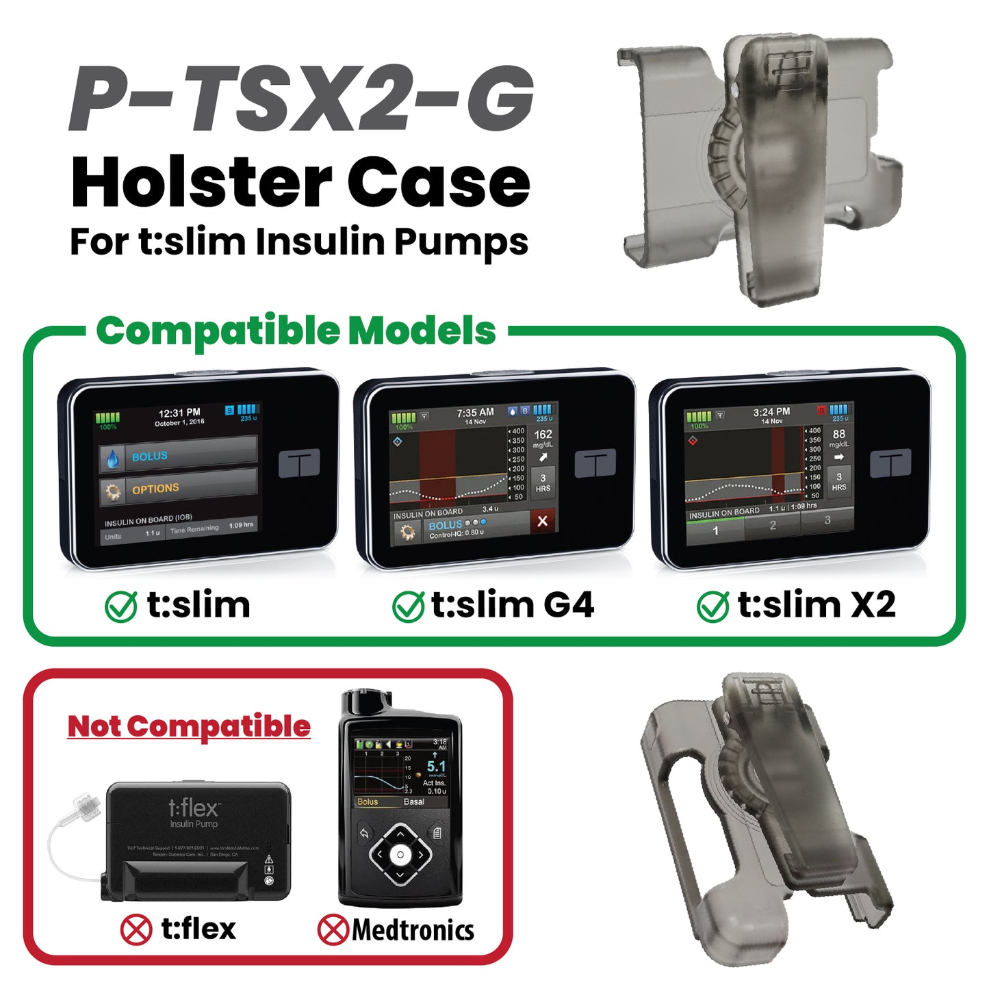 Holster with clip for Tandem Insulin pump t:Slim X2, G4 and Control IQ (Gray)