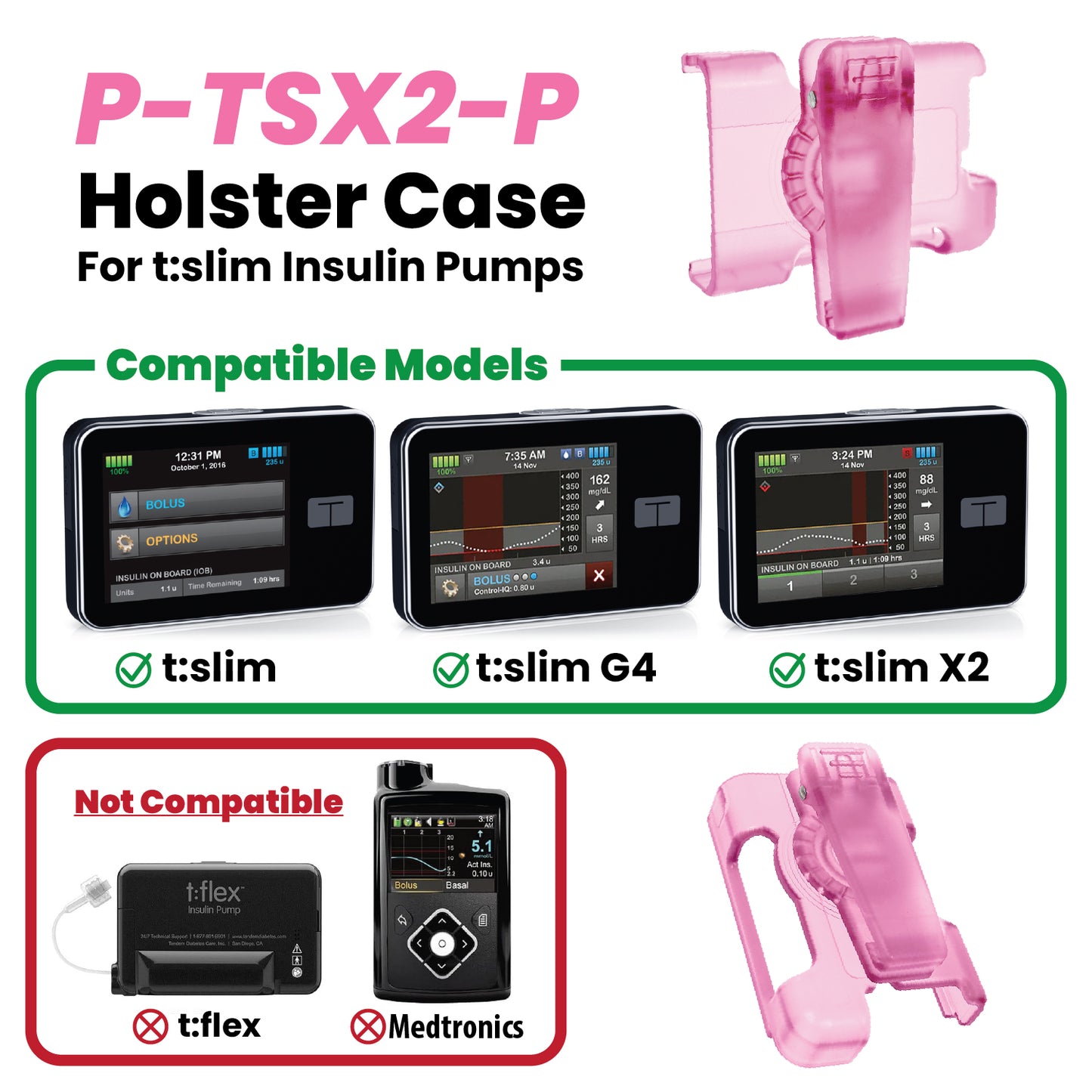Holster with clip for Tandem Insulin pump t:Slim X2, G4 and Control IQ (Pink)