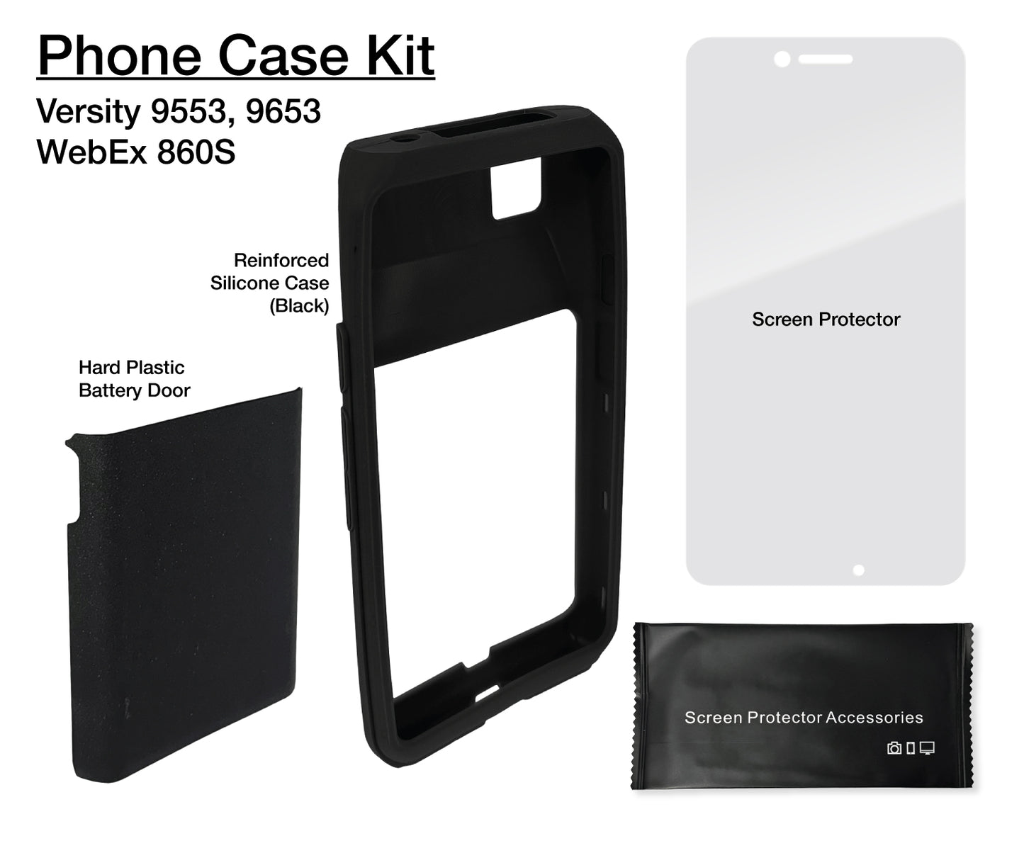 Black Silicone Case and Screen Protector Bundle for Spectralink Versity 9553 & 9653 and Cisco WebEx 860S Phone (with Scanner)