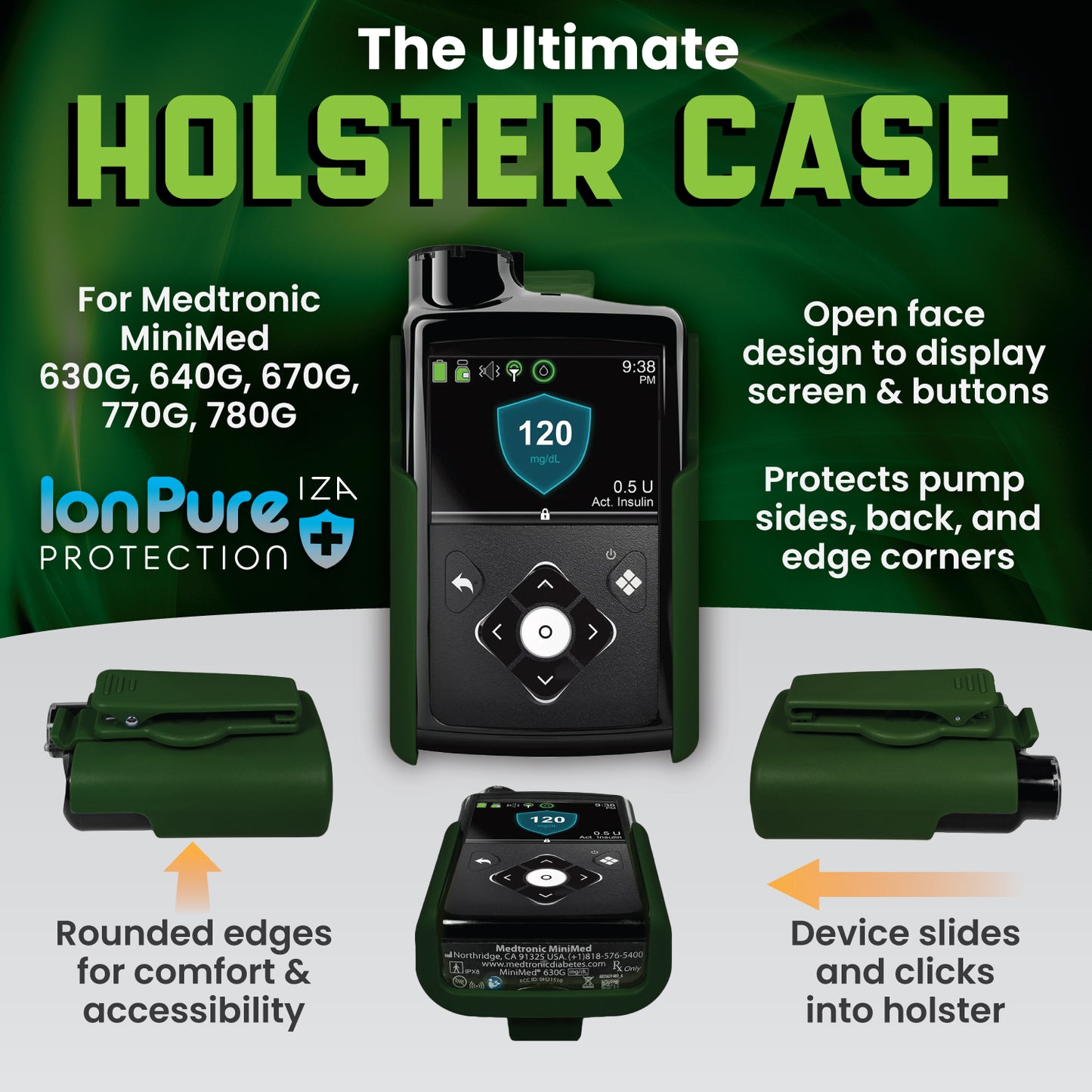Holster with clip for Medtronic MiniMed 630G, 640G, 670G, 770G, 780G (Matte Green)