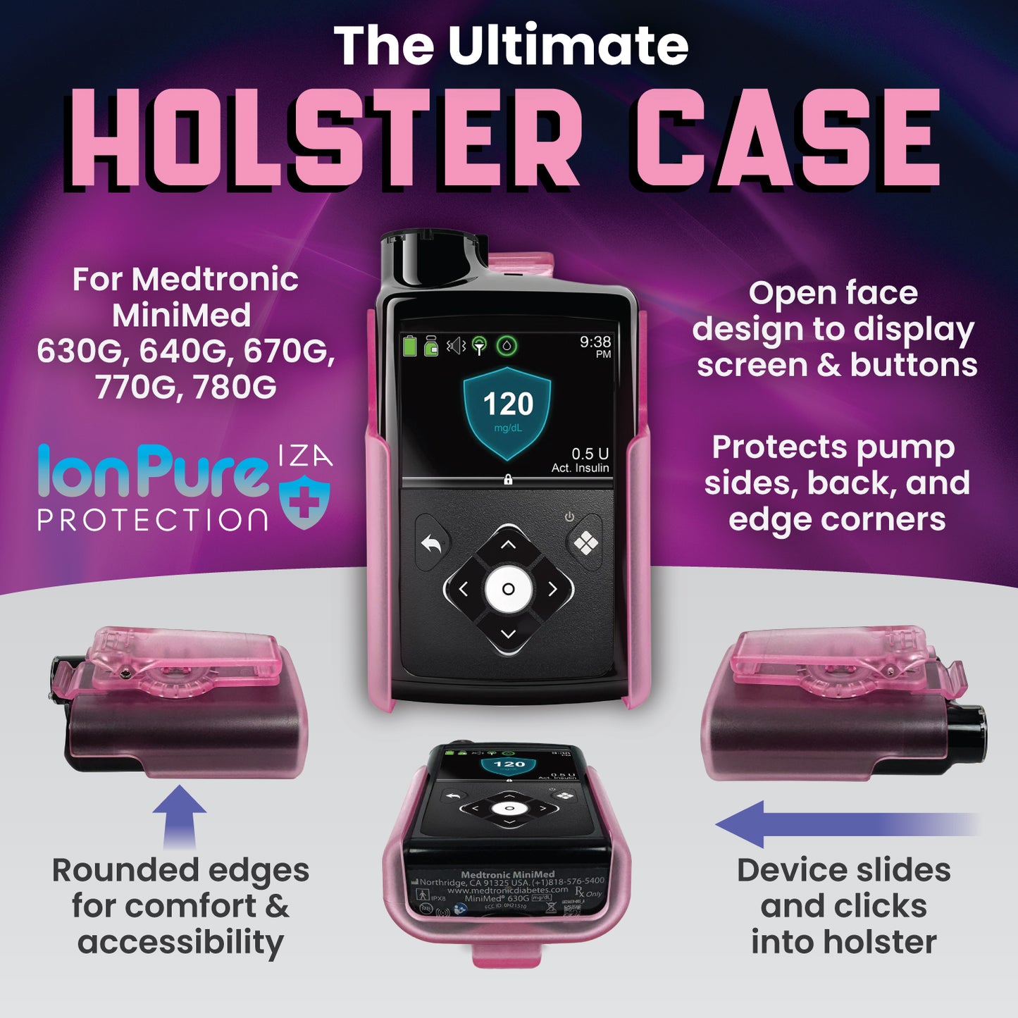 Holster with clip for Medtronic MiniMed 630G, 640G, 670G, 770G, 780G (Translucent Pink)