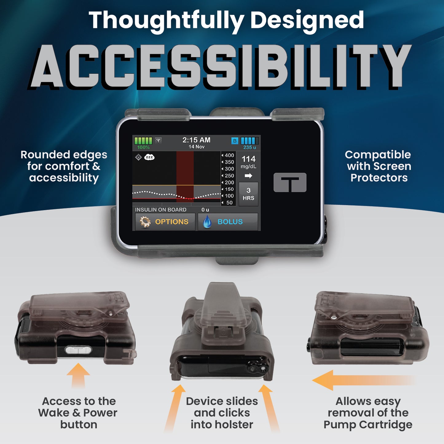 Holster with clip for Tandem Insulin pump t:Slim X2, G4 and Control IQ (Gray)