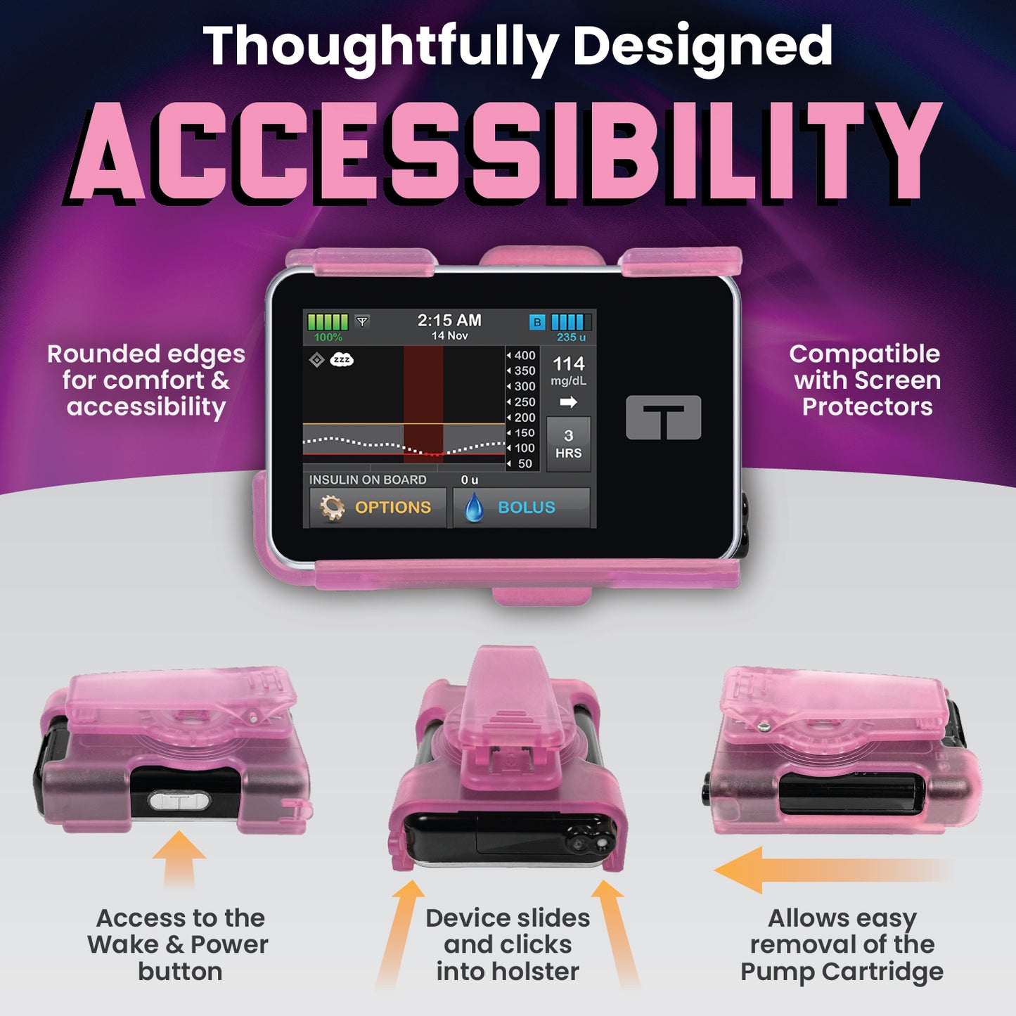 Holster with clip for Tandem Insulin pump t:Slim X2, G4 and Control IQ (Pink)