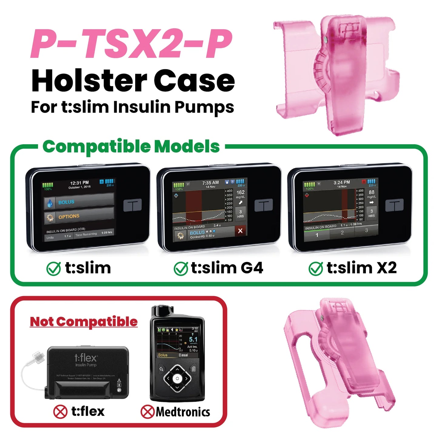 Holster with clip for Tandem Insulin pump t:Slim X2, G4 and Control IQ (Pink)