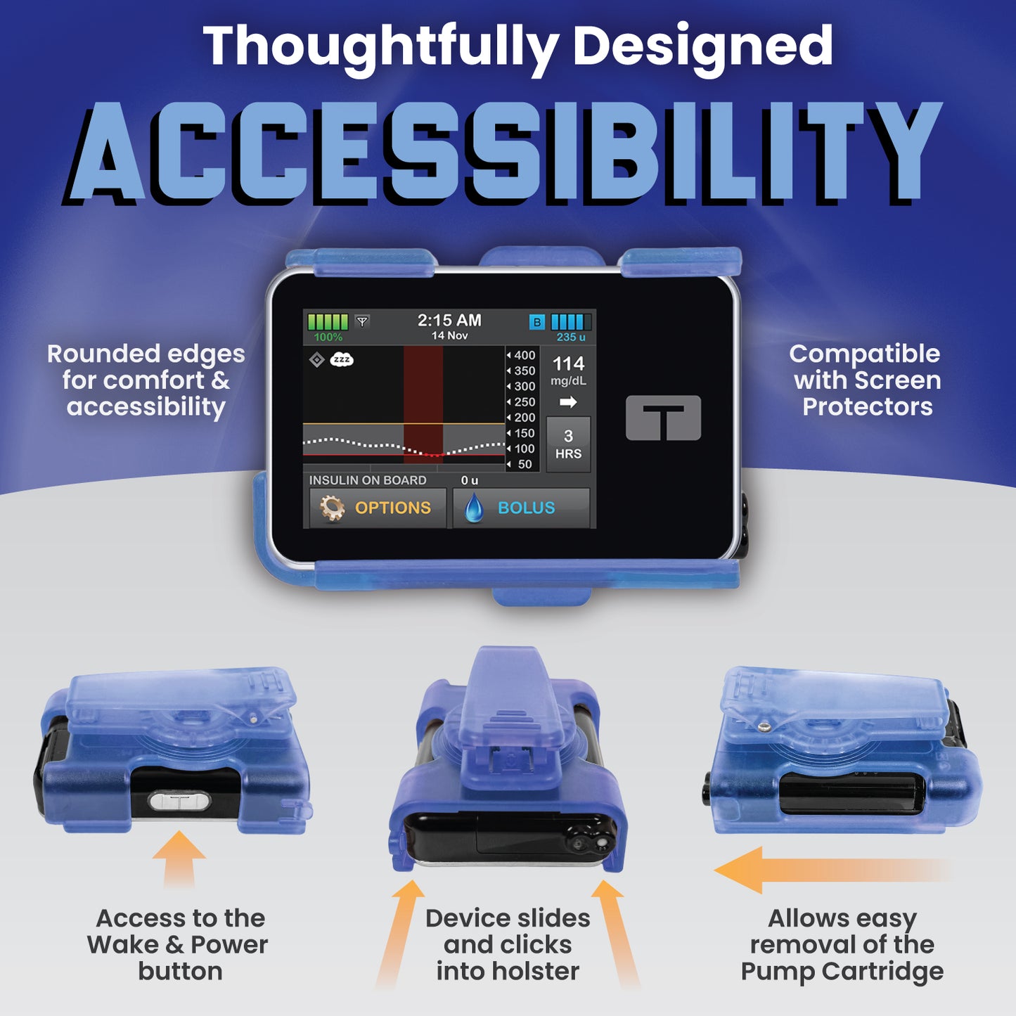 Holster with clip for Tandem Insulin pump t:Slim X2, G4 and Control IQ (Blue)
