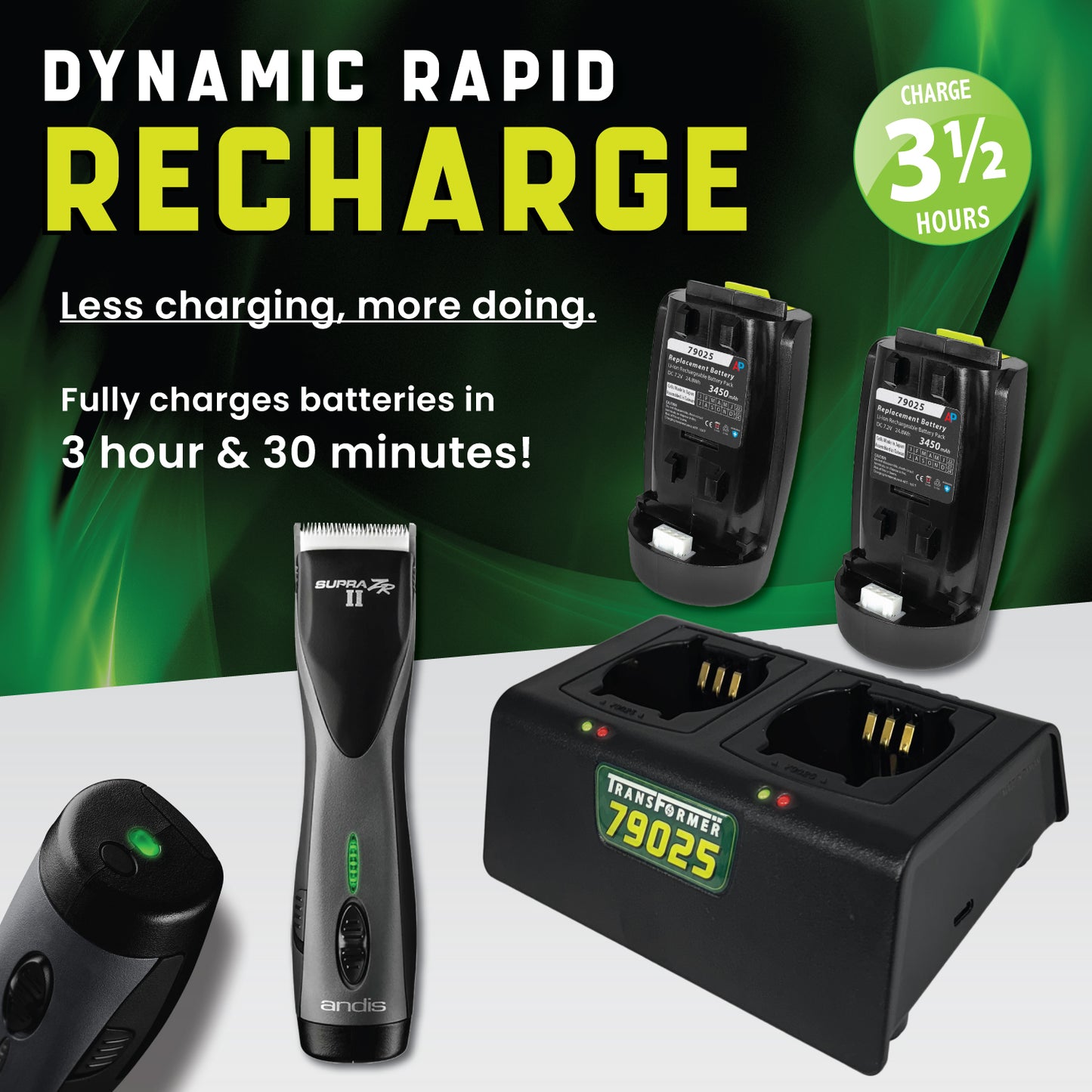 One Charger + Two Andis Supra ZR II and Pulse ZR II Clipper Batteries (79025 and DBLC-2)