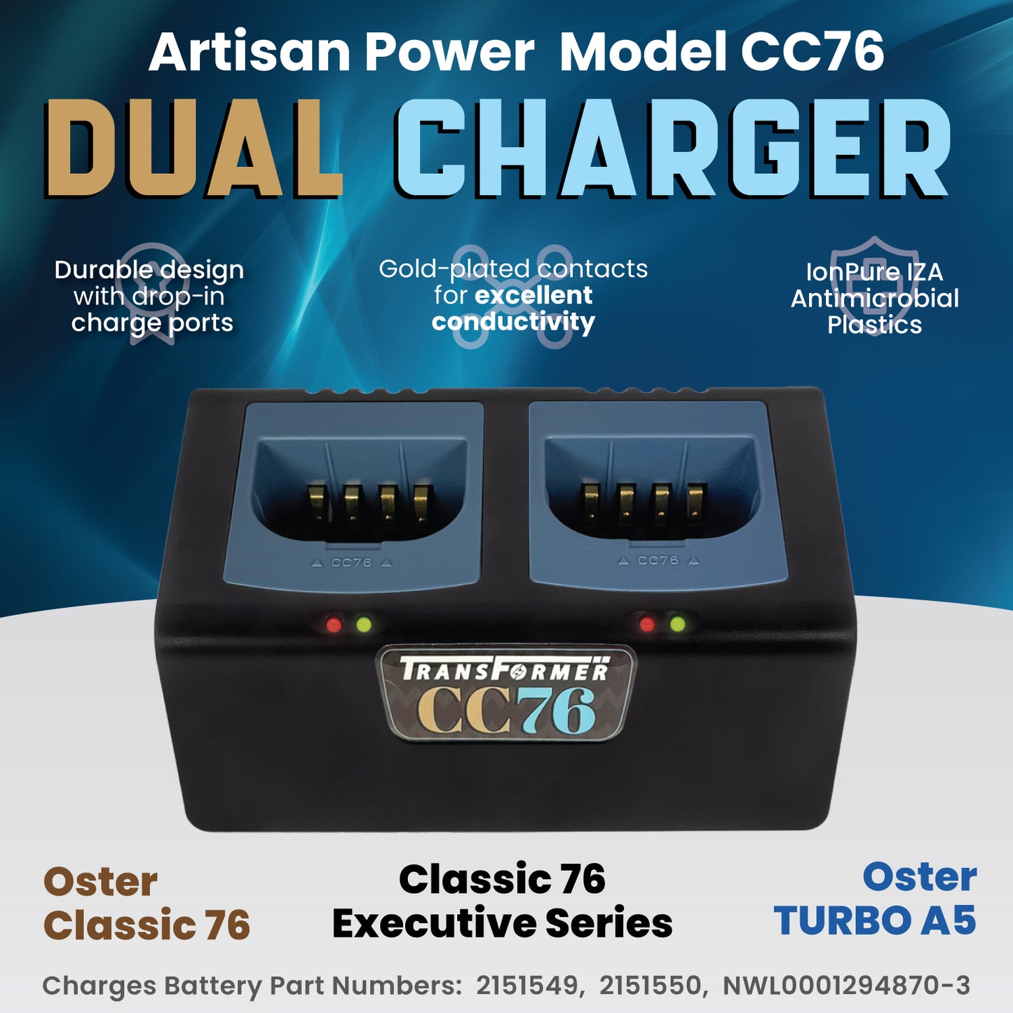 Charger for two Clipper Batteries for the Oster Classic 76, Turbo A5, and Model 97