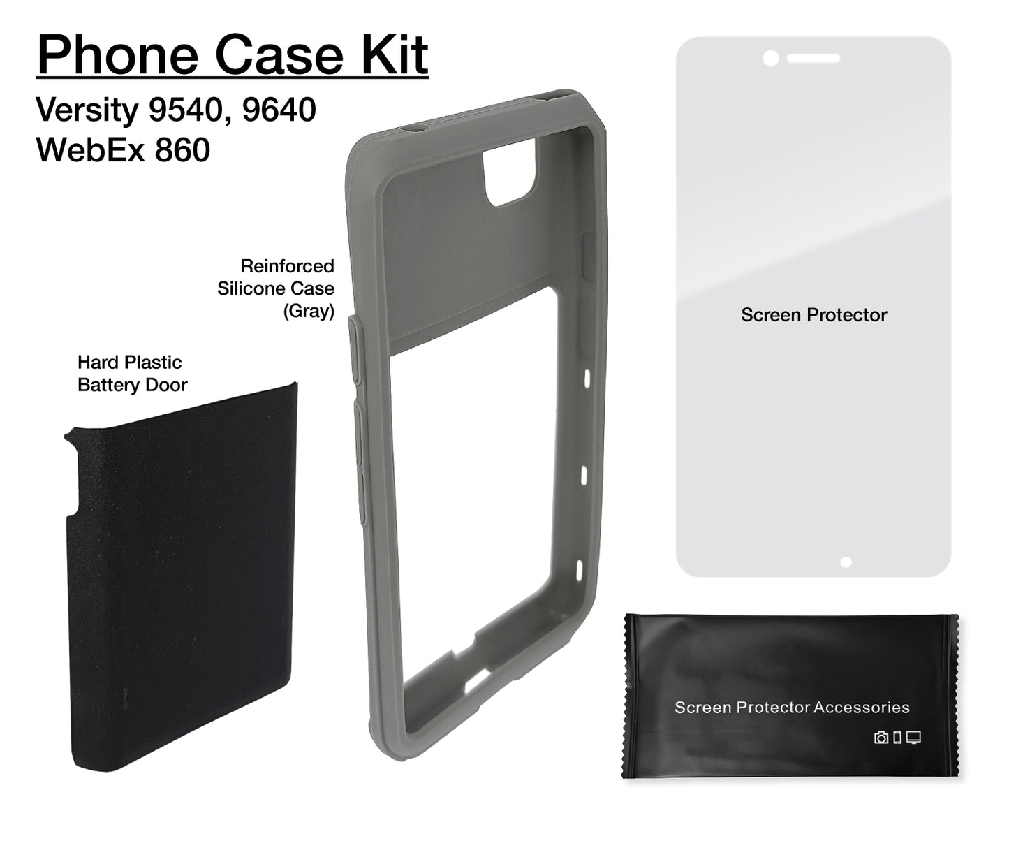 Gray Silicone Case and Screen Protector Bundle for Spectralink Versity 9540 & 9640 and Cisco WebEx 860 Phone (without Scanner)